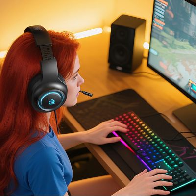 9. QCY V200 Pro Wired Gaming Headphones with 7.1 Sound and Detachable Microphone - Black