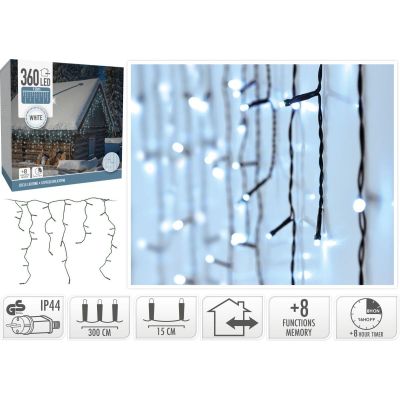 24. CHRISTMAS TREE LIGHTS OUTDOOR LIGHT CURTAIN 360 LED CONTROLLER TIMER COOL WHITE TRANSPARENT CABLE