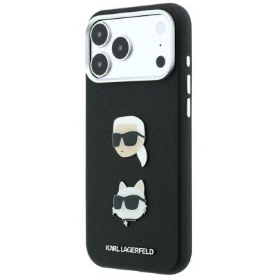 2. Karl Lagerfeld Saffiano Case with Karl & Choupette Heads Pins & Logo for iPhone 18 Pro Max / 17 Pro Max - Black