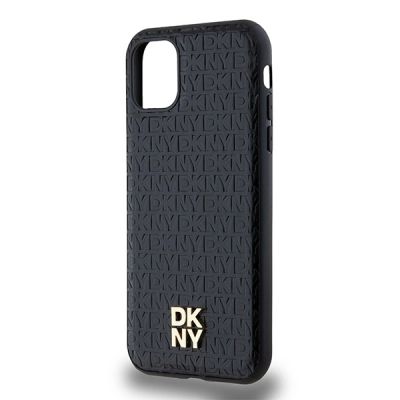 6. DKNY Leather Monogram Pattern Metal Logo MagSafe Case for iPhone 11 / Xr - Black
