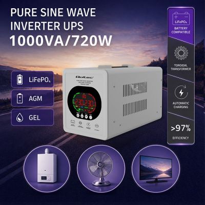 7. UPS Qoltec 50451 Pure Sine Wave 1000VA/720W Converter 12/230V with AVR | LCD | LiFePO4 AGM GEL