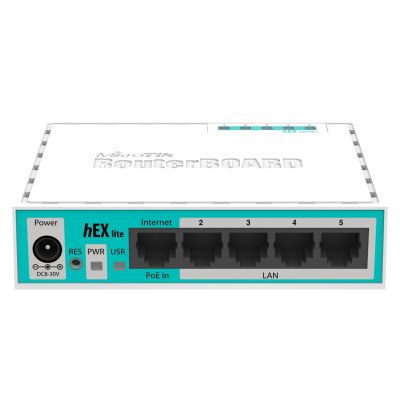 6. Mikrotik hEX lite router (RB750r2) Total Ethernet Ports:5; Architecture:MIPSBE; CPU core: 1