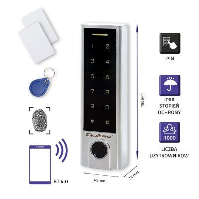 2. QOLTEC TITAN TOUCH CODE LOCK WITH FINGERPRINT READER | RFID | BT 4.0 | CODE | CARD | KEYRING | BELL | IP68