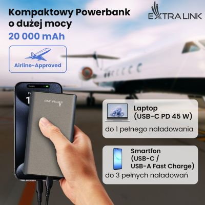 21. Extralink Powerbank EPB-126 20000mAh Silver Power bank, 45W PD, USB-C