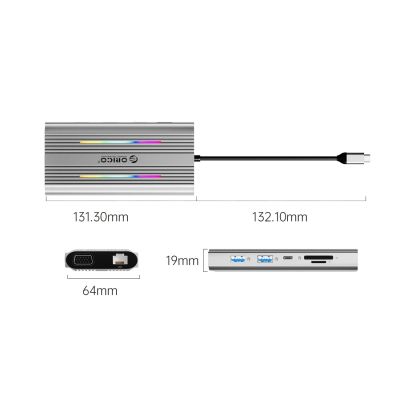 3. Orico XCR 12in1 RGB USB-C Docking Station 3x USB-A USB-C PD 100W HDMI 4K VGA RJ45 Gigabit SD and microSD Card Reader - Silver