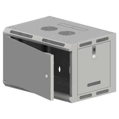 Wall-mounted cabinet 19" 6U 600x500, undivided, single-leaf METAL DOOR, solid back panel, movable perforated side panels, gray, 4 beams, FLAT PACK ALANTEC