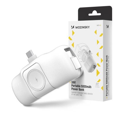 14. Wozinsky WF16-YCS 5000mAh 15W USB-C Mini Power Bank with Built-in USB-C Cable and Apple Watch Charger - White