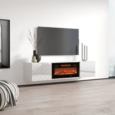 6. TV cabinet LUXE 182.6x34.5x37.5 white/white gloss + black fireplace