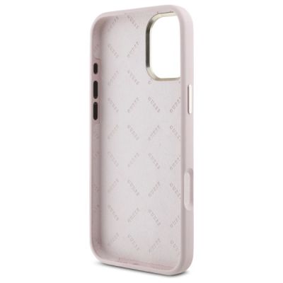 7. Guess Silicone Script Metal Logo & Frame iPhone 16 Plus Case - Pink