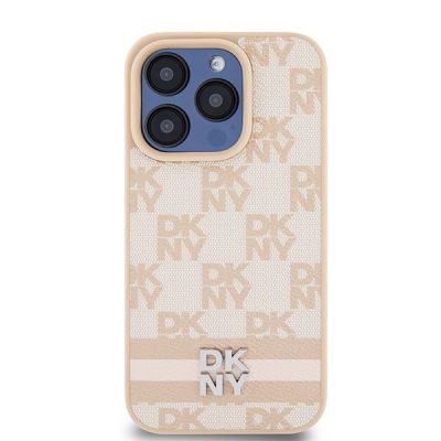 3. DKNY Leather Checkered Mono Pattern & Printed Stripes case for iPhone 15 Pro - pink