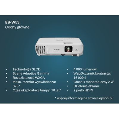 19. Epson EB-W53 4000 ANSI lumens 3LCD WXGA (1200x800) White