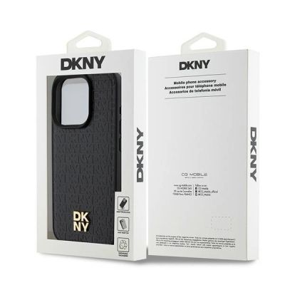 13. DKNY Leather Monogram Pattern Metal Logo MagSafe Case for iPhone 15 Pro - Black