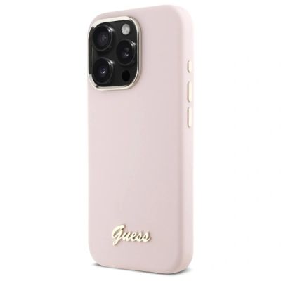 9. Guess Silicone Script Metal Logo & Frame iPhone 16 Pro Case - Pink