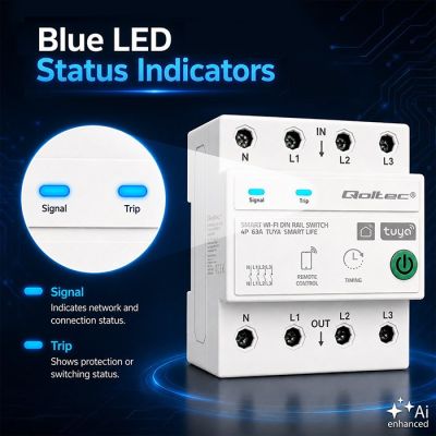 6. Qoltec Three-phase relay 63A for DIN rail | 3P+N | Timer | Wi-Fi | Tuya | Smart Life | Amazon Alexa | 4P