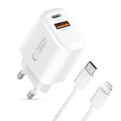 2. Tech-Protect NCA20 PD 20W QC3.0 USB-A / USB-C Wall Charger + USB-C / Lightning Cable 100cm - White