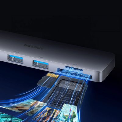 8. Baseus UltraJoy Series 6-in-1 USB-C 40 Gb/s USB 3.0 HDMI 4K USB Hub with SD and microSD Reader - Gray