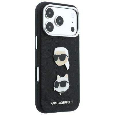 5. Karl Lagerfeld Saffiano Karl&Choupette Heads Pins Strap Logo Case for iPhone 18 Pro / 17 Pro - Black