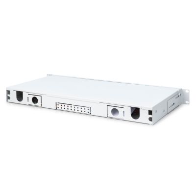 14. FO patch panel with equipment 19'' 1U, 12x LC dx, OM3, pigtails, adapters, trays, sliding, gray