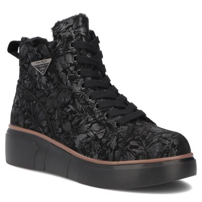 Women's leather ankle boots with wedges and flowers, black Filippo DBT6452