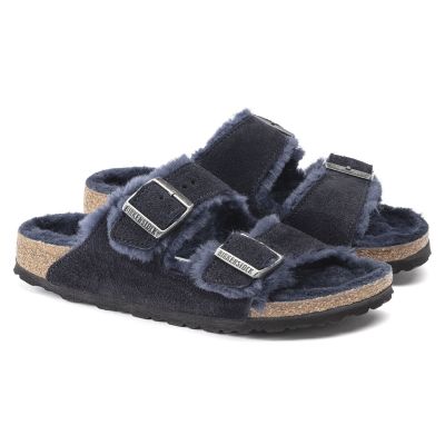 Birkenstock Arizona VL Shearling Midnight Suede Leather Wide Regular Slides (1020592)