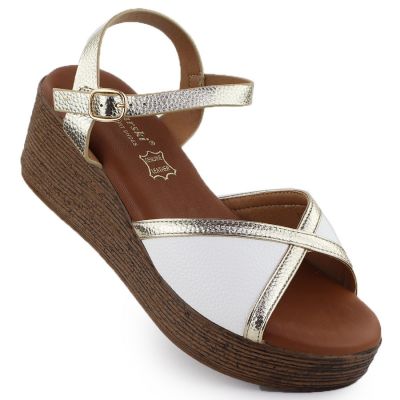 4. Women's wedge sandals in white and gold S.Barski PL51-324