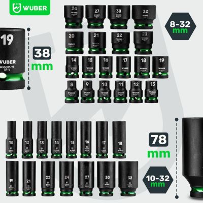 9. 35-Piece Set of Deep Impact Sockets, 1/2", 6-Point, WUBER