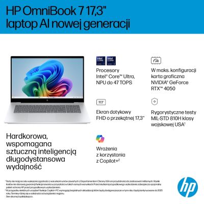 29. HP OmniBook 7 17-DC0073CL Ultra 7 258V 17.3"FHD Touch 32GB SSD1TB BT BLKB GeForce RTX 4050 6GB Win11 Silver (REPACK) 2Y