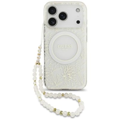 Guess IML Flowers Allover Electroplated with Pearl Strap MagSafe Case for iPhone 18 Pro / 17 Pro - White