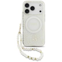 Guess IML Flowers Allover Electroplated with Pearl Strap MagSafe Case for iPhone 18 Pro / 17 Pro - White