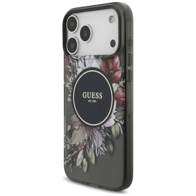 3. Guess IML Flowers Pearl Strap MagSafe Case for iPhone 18 Pro Max / 17 Pro Max – Black