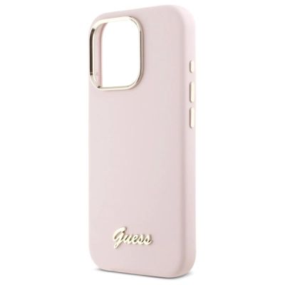 6. Guess Silicone Script Metal Logo & Frame iPhone 16 Pro Case - Pink
