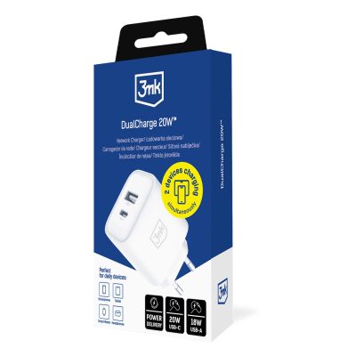 15. 3mk DualCharge 20W PD3.0 QC 3.0 PPS USB 1A1C Wall Charger - White