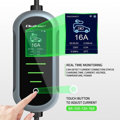 6. Qoltec Portable EV and Hybrid Vehicle Charger with 2-in-1 Adjustable Charging Type 2 | 11 kW | 400 V | CEE 16 A | Wi-Fi | TUYA | SMART LIFE | LCD | Portable | Wallbox | 5 m
