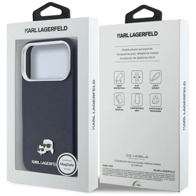 8. Karl Lagerfeld Karl & Choupette Head Pins Saffiano MagSafe Case for iPhone 17 Pro - Blue