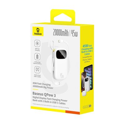 3. Baseus EnerFill FC31 20000mAh 45W Power Bank with Digital Display with 2 Built-in USB-C Cables - White
