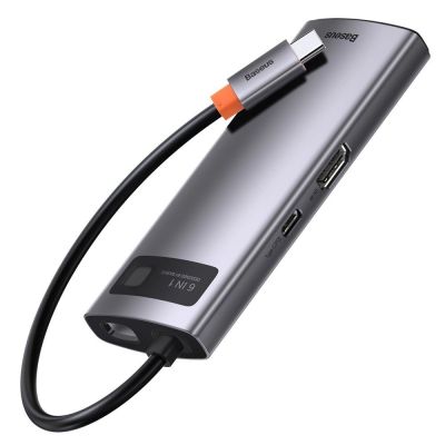 7. Baseus Metal Gleam 6-in-1 USB-C - USB-C PD 100W HUB 1x HDMI 4K 30Hz 3x USB-A 3.2 1x RJ45 - gray