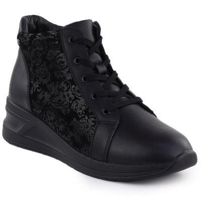 Women's leather ankle boots with floral pattern on a wedge heel, black Filippo DBT7280