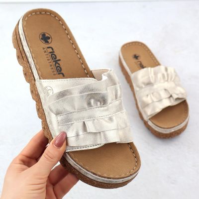 2. Women’s gold platform mules with ruffle detail Rieker V8763-60