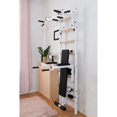 30. WOODEN AND METAL GYMNASTIC WALL BAR WITH BAR, BENCH AND ACCESSORIES BENCHK 233W