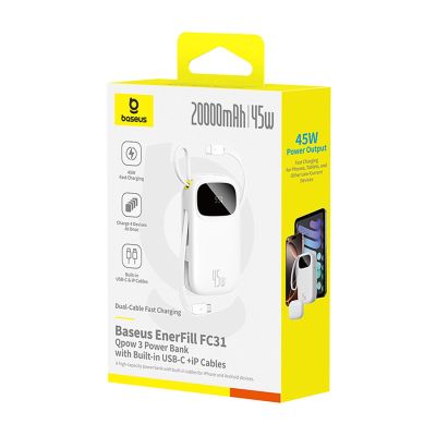 3. Baseus EnerFill FC31 20000mAh 45W Powerbank with Digital Display and 2 Built-in Cables (USB-C + Lightning) - White