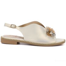 Women's flat leather sandals with crystals, gold, S.Barski 61-6004