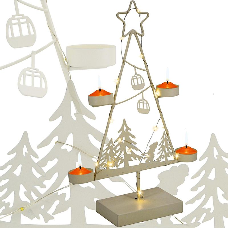 WHITE METAL LED CHRISTMAS TREE CANDLE HOLDER 38 CM