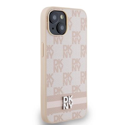 4. DKNY Leather Checkered Mono Pattern & Printed Stripes Case for iPhone 15 Plus / 14 Plus - Pink