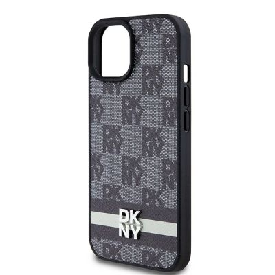 6. DKNY Leather Checkered Mono Pattern & Printed Stripes Case for iPhone 15 Plus / 14 Plus - Black