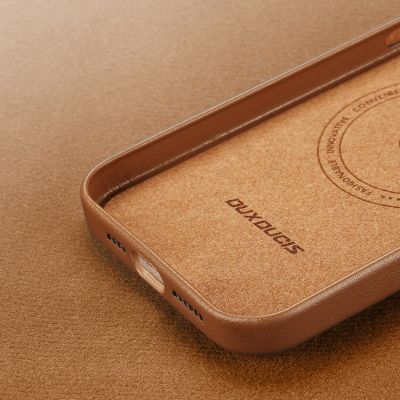 10. Dux Ducis Grit Leather Case for iPhone 14 Plus Elegant Faux Leather Cover (MagSafe Compatible) Brown