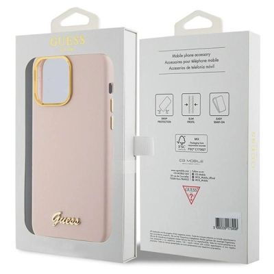 8. Guess Silicone Script Metal Logo & Frame case for iPhone 15 Pro Max - pink