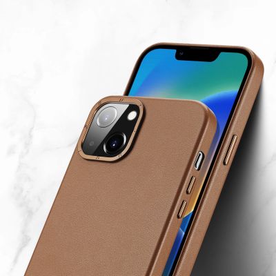 7. Dux Ducis Grit Leather Case for iPhone 14 Plus Elegant Faux Leather Cover (MagSafe Compatible) Brown