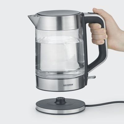 3. SEVERIN ELECTRIC KETTLE GLASS AND STEEL, 1.7L, CONCEALED HEATER, STRIX CONTROLLER, CABLE RECESS, WATER INDICATOR, 2200W WK3420