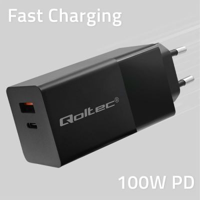 QOLTEC GAN POWER PRO CHARGER | 1XUSB-C | 1XUSB | 100W | 5-20V | 1.5-5A | PD | BLACK