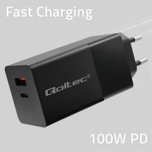 QOLTEC GAN POWER PRO CHARGER | 1XUSB-C | 1XUSB | 100W | 5-20V | 1.5-5A | PD | BLACK